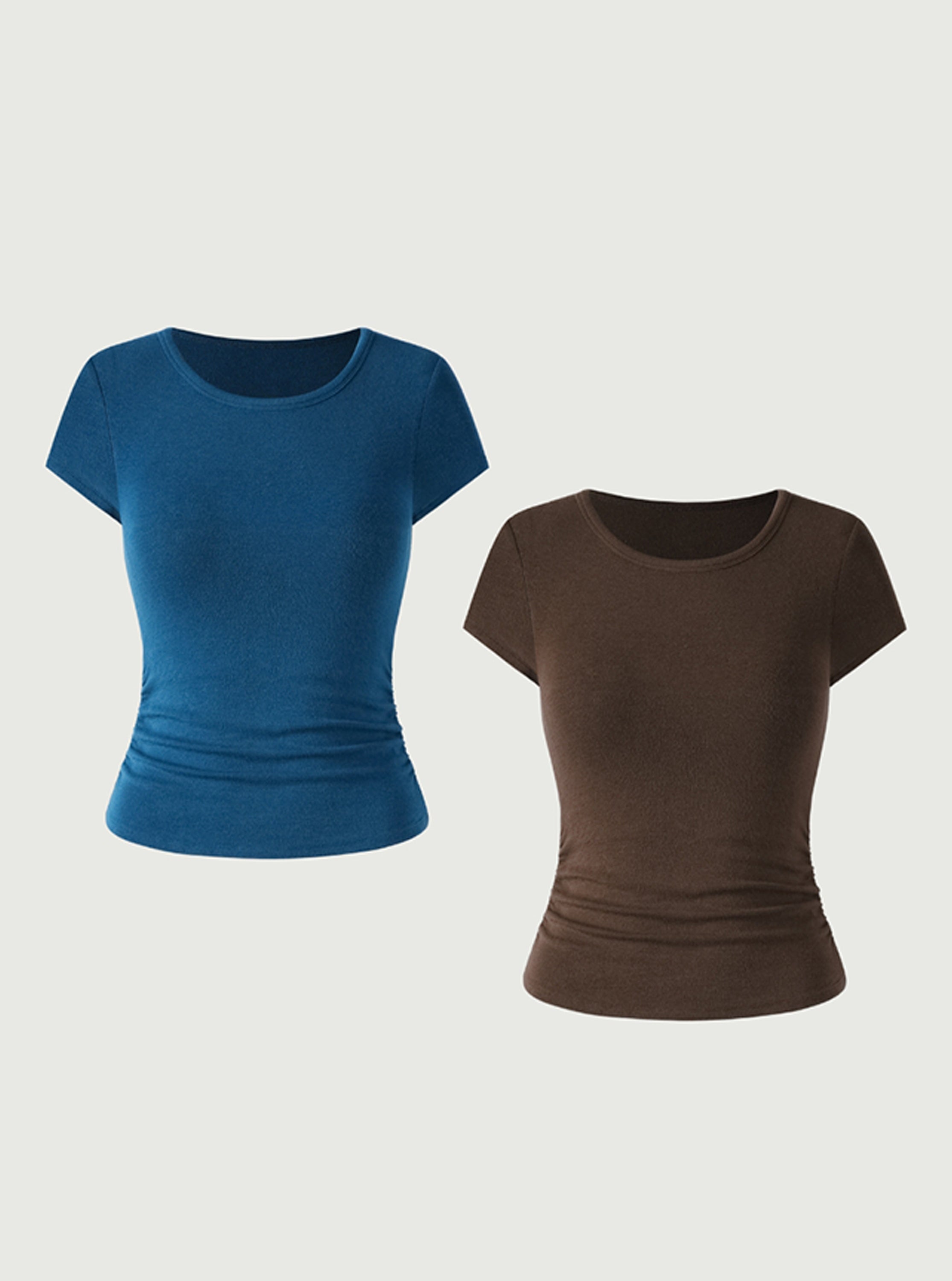 Eco-MiyaMoon® Round Neck Short Sleeve Brami Top 2Pcs Set - Marine/Dark Cocoa