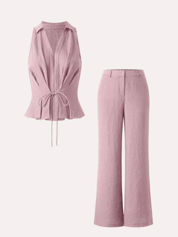 OGLmove 2Pcs Set Collared V-neck Sleeveless Top & Mid Rise Flared Pant with Pockets