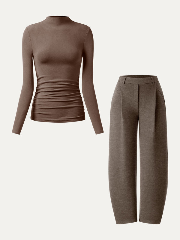 2Pcs Set Ruched Sides Mockneck Top & Mid Rise Barrel Leg Pull-on Pants Mocha/Heather Milk Chocolate XS