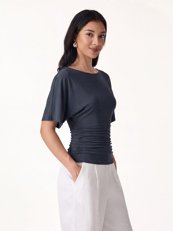 OGLmove Boatneck Batwing Sleeve Side Ruched Top Deep Navy XS