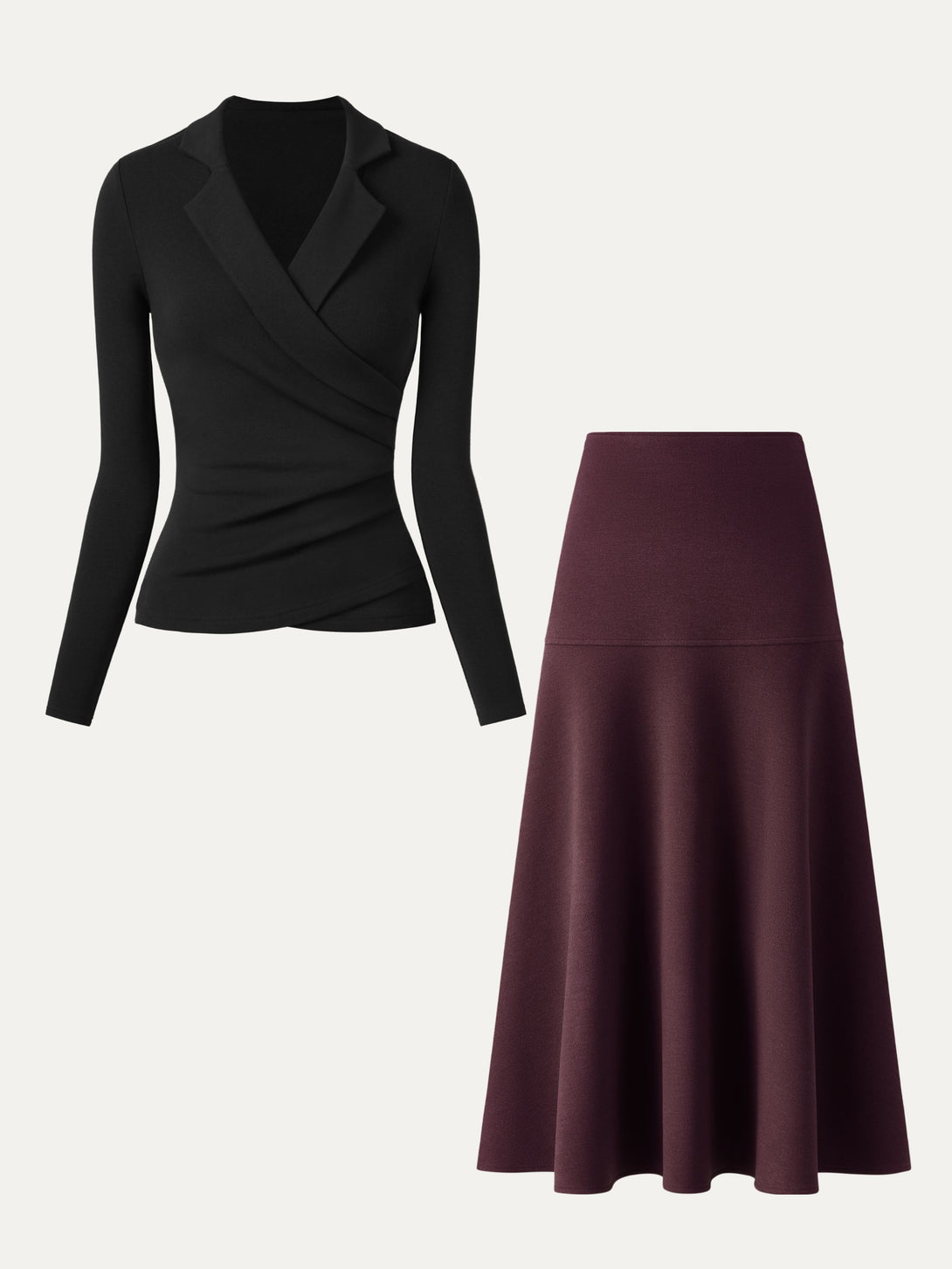 2Pcs Set Collared Surplice Top & Flared Maxi Skirt