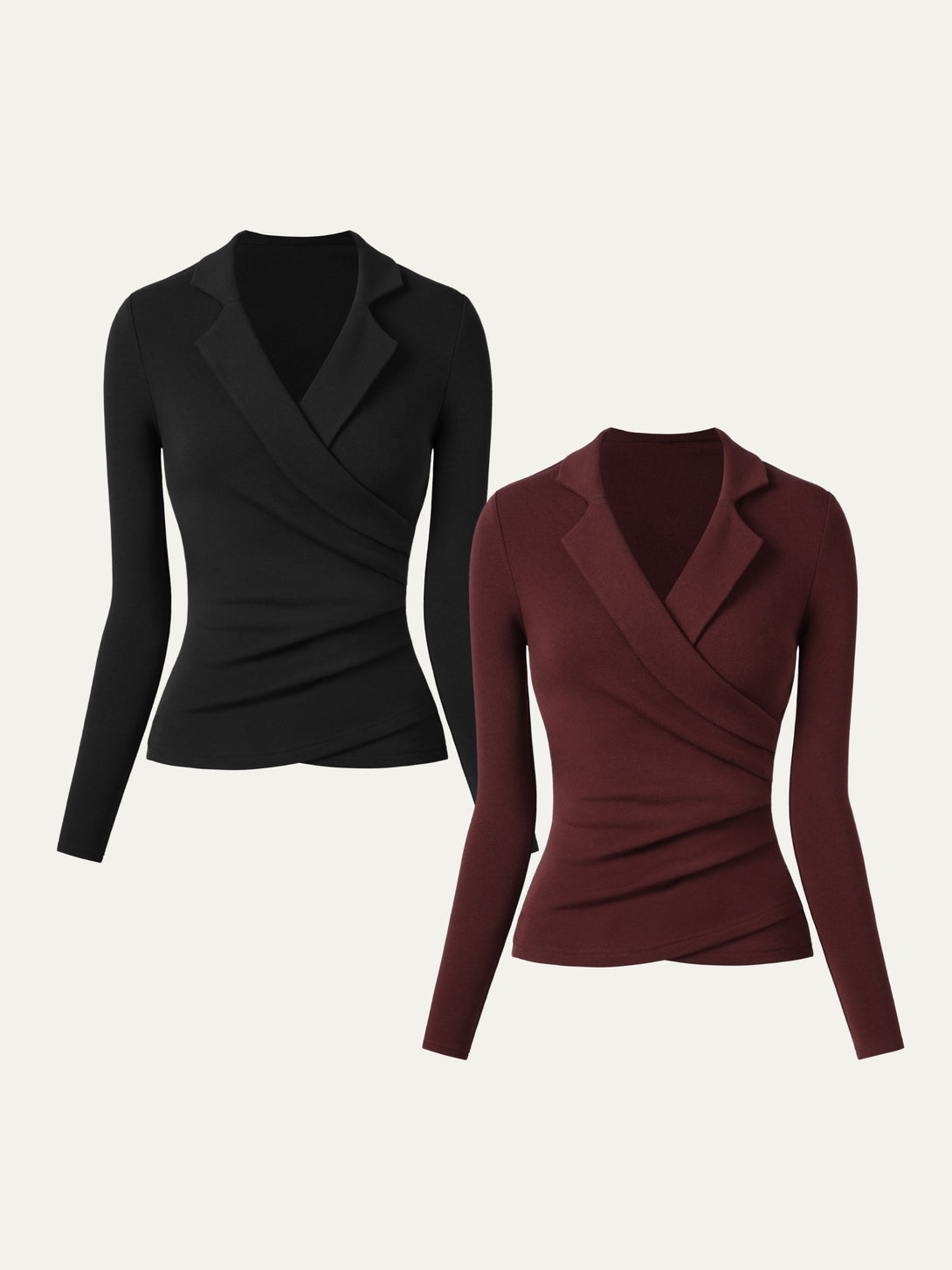 2Pcs Set Collared Surplice Top Black/Ruby XS