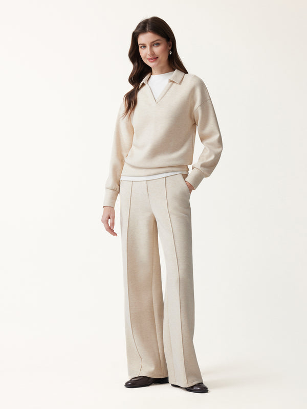 OGLmove 2Pcs Set FuzzLuxe V-Neck Long Sleeve Top & High Waisted Straight Leg Pull On Pant