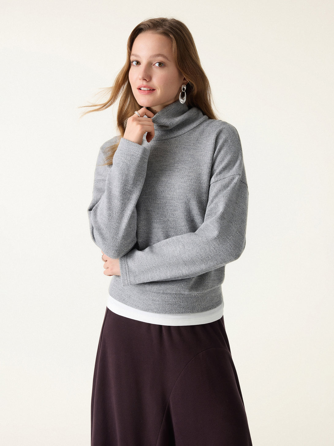 Turtleneck Relaxed Fit Long Sleeve Top Heather Grey XS