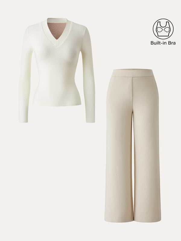 OGLmove 2Pcs Set V-neck Slimming Brami Top & Mid Rise Straight Pant with Pockets