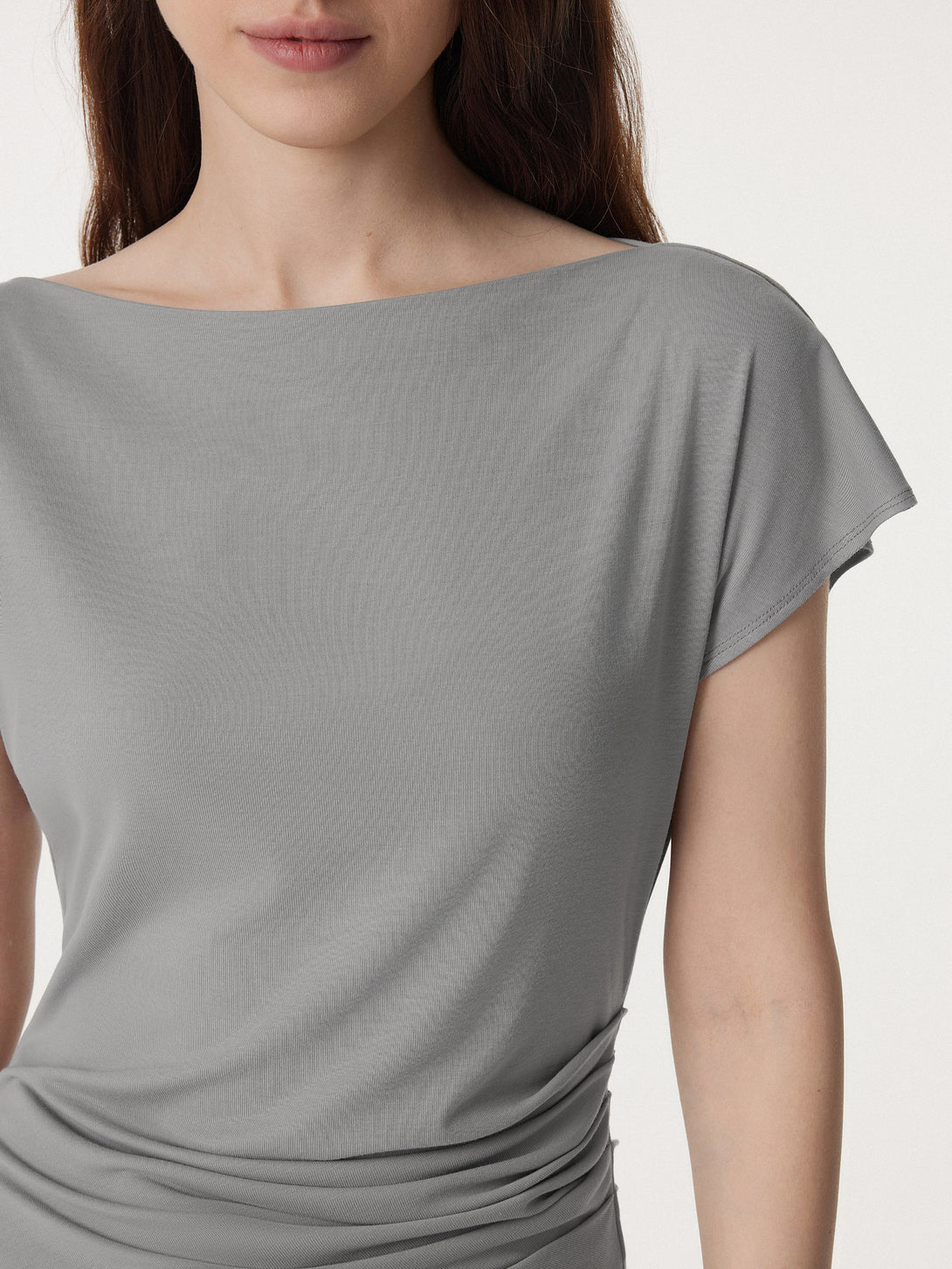 Boatneck Flutter Sleeve Side Tucked Long Tee