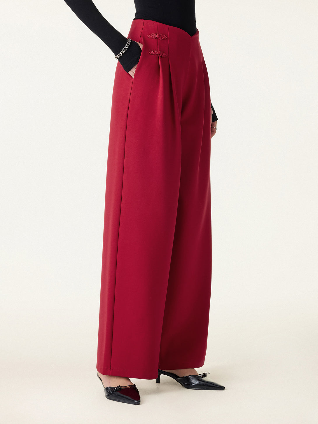 Statement Frog Button High Rise Wide Leg Pants with Pockets