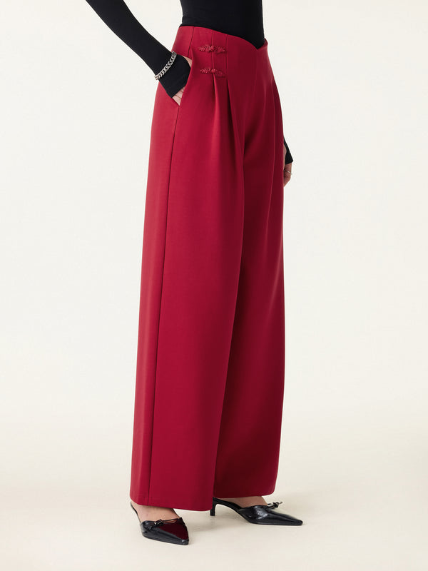 Statement Frog Button High Rise Wide Leg Pants with Pockets