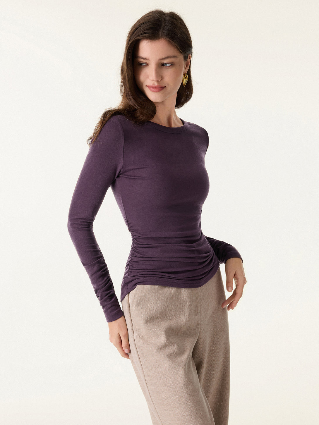 Lyocell Cashmere Ruched Sleeve Skimming Top