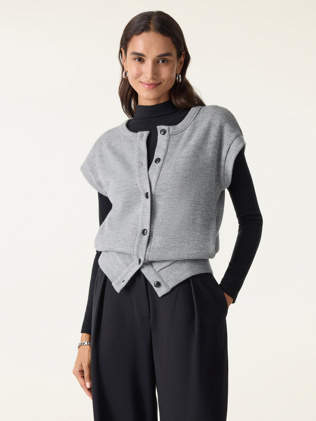 Cozy Crewneck Button Front Vest with Banded Hem Heather Grey XS