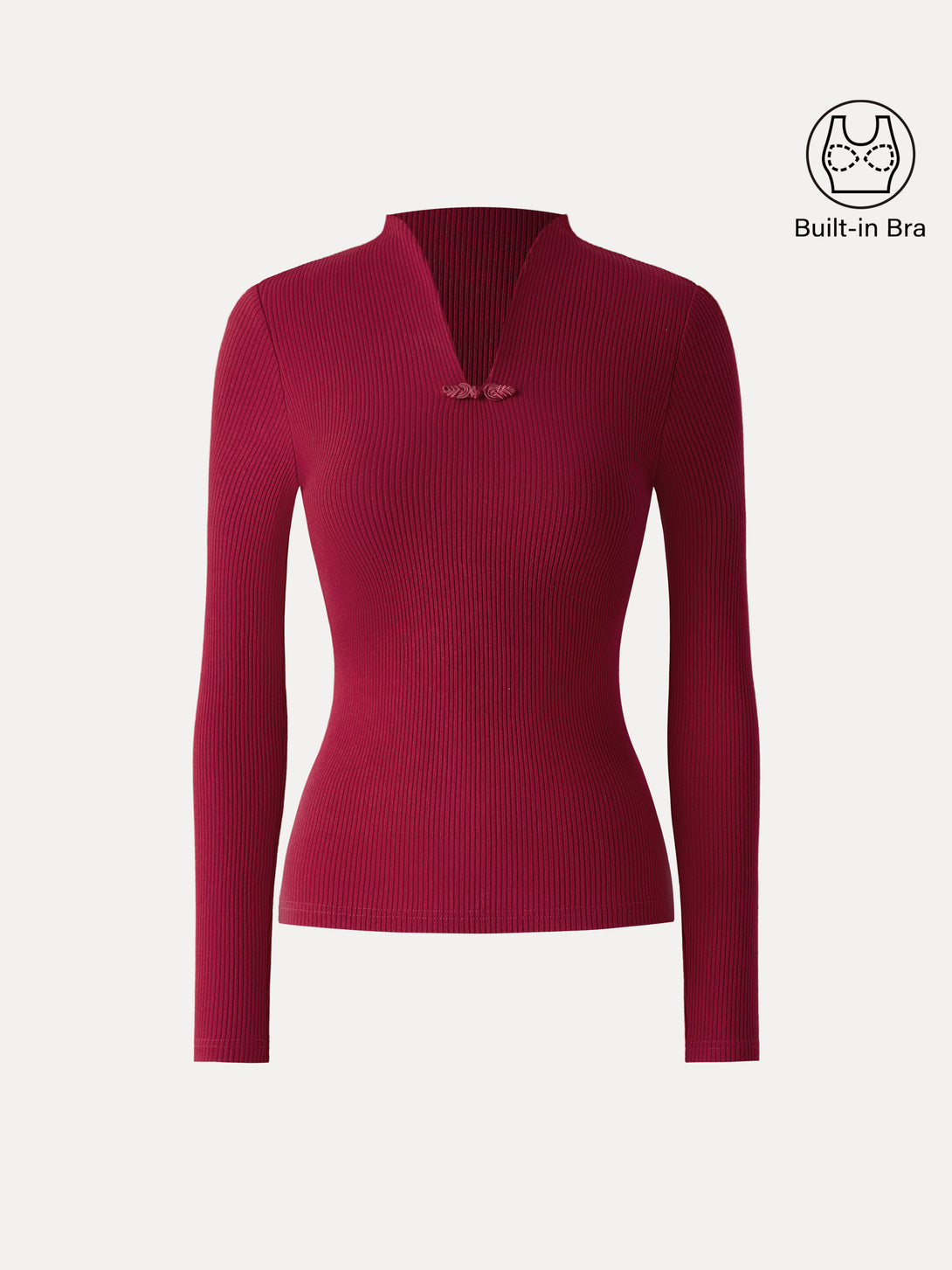 Ribbed Stand V-neck Frog Button Long Sleeve Brami