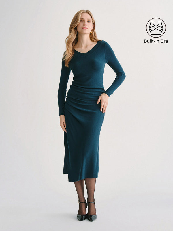 OGLmove 2Pcs Set LiteWarm V-Neck Long Sleeve Built-In Bra Top 3.0 & High-Rise Side-Tuck A-Line Midi Skirt Forest Night XXS