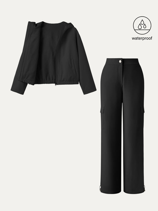 OGLmove 2Pcs Set Fleece Reversable Hooded Jacket & Fleece Lined Cargo Pant Black XXS