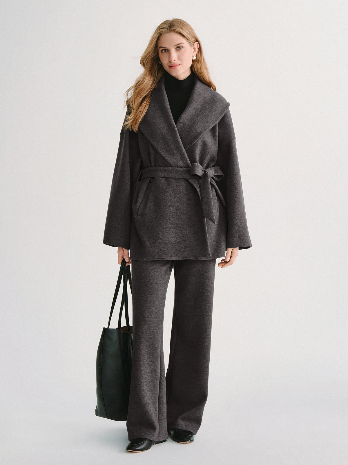 2Pcs Set Belted Shawl Collar Robe Jacket & Mid Rise Straight Pants Pockets