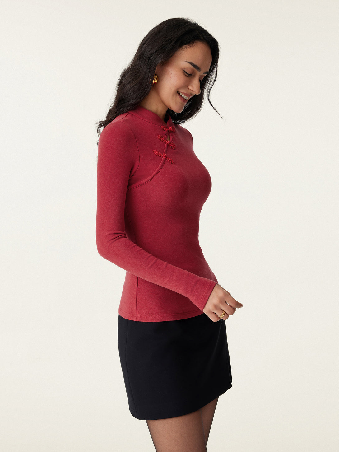 Mandarin Collar Asymmetric Frog Button Brami Top