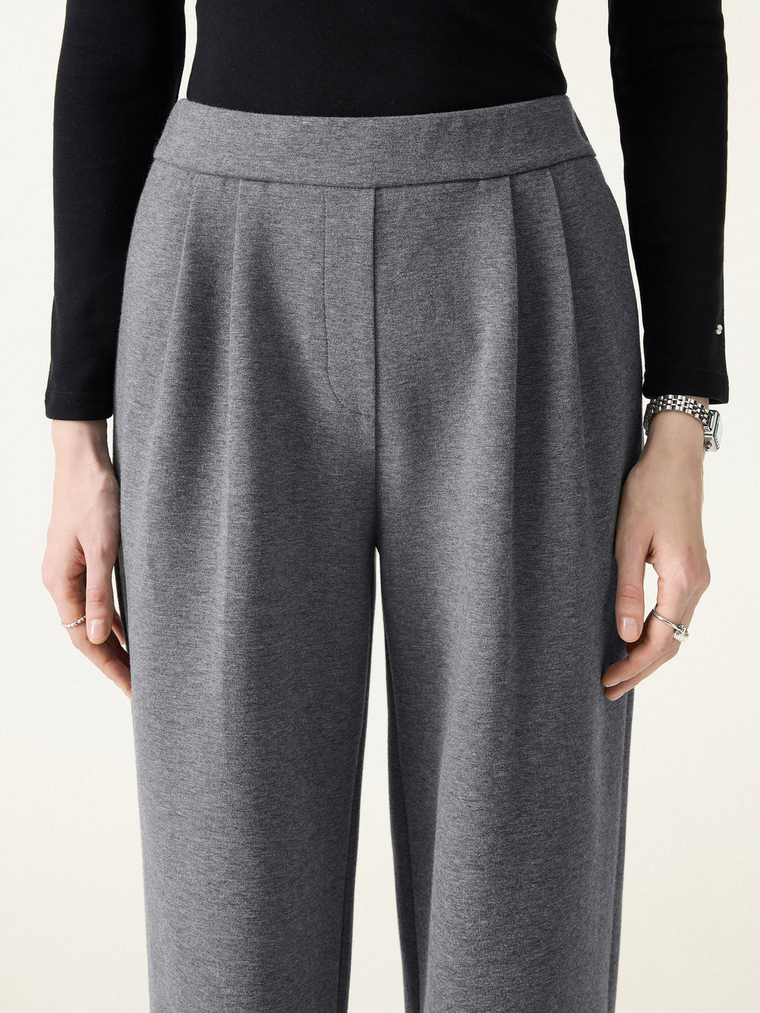 Cozy High Rise Wide Leg Tucked Pull-on Pants with Pockets