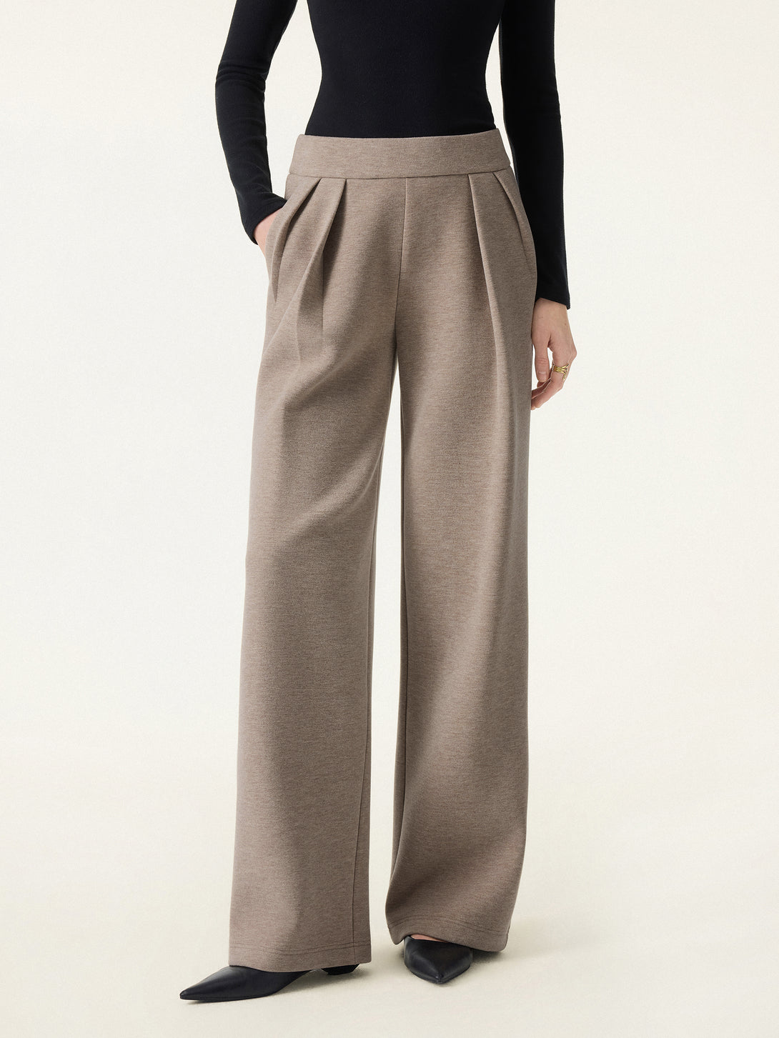 2Pcs Set Stand Collar Belted Coat & Mid Rise Straight Pull-on Pants with Pockets