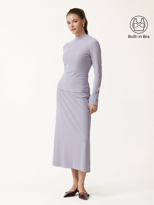 OGLmove 2Pcs Set Prowarm Mock Neck Long Sleeve Cuff-Slit Bra Top & Mid-Rise A-Line Midi Skirt Purple Fog XXS