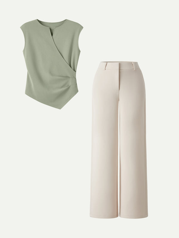 OGLmove 2Pcs Set Tucked Angled Tank & Mid Rise Wide Leg Trousers
