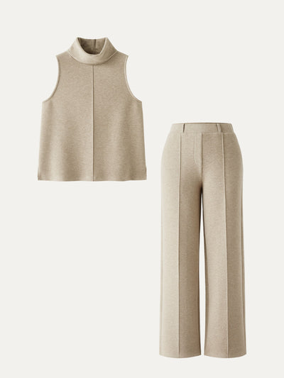 2Pcs Set Petite High Waisted Straight Leg Pant & Split Hem Top Heather Morganite XS