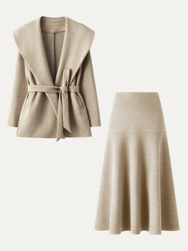 OGLmove 2Pcs Set Shawl Collar Belted Jacket & Mid-Rise Circle Midi Skirt