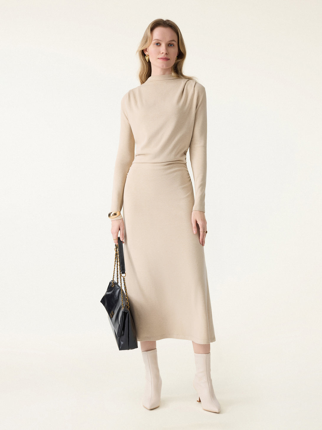 ProWarm Ruched Mockneck Fit-and-Flare Midi Dress Natural Calico XS