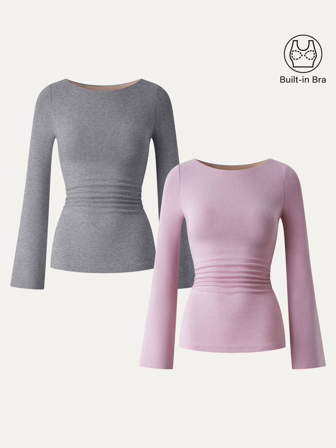 Boatneck Bell Sleeves Ruched Brami Top Opera Mauve/Heather Grey XS