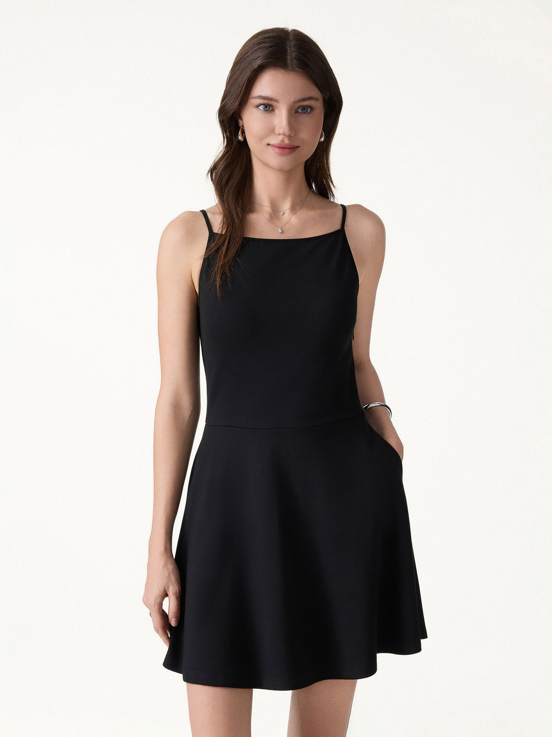 a line ponte dress OGL Stretch Ponte Square Neck Mini A-Line Bra Dress with Pockets – OGLmove