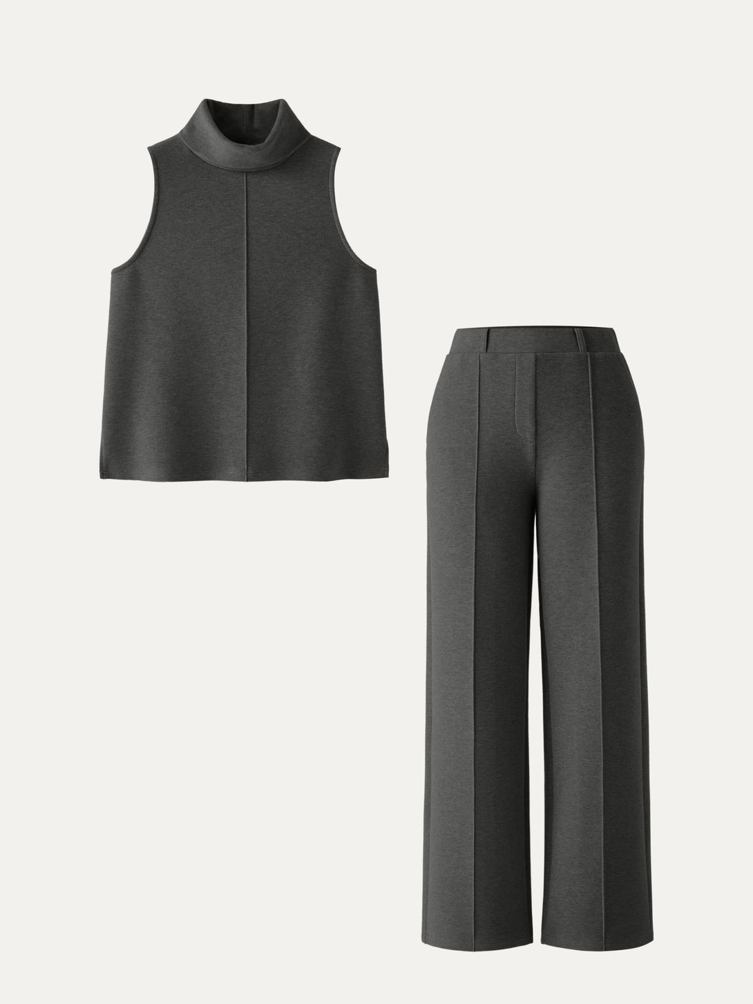 2Pcs Set Petite High Waisted Straight Leg Pant & Split Hem Top Deep Grey XS