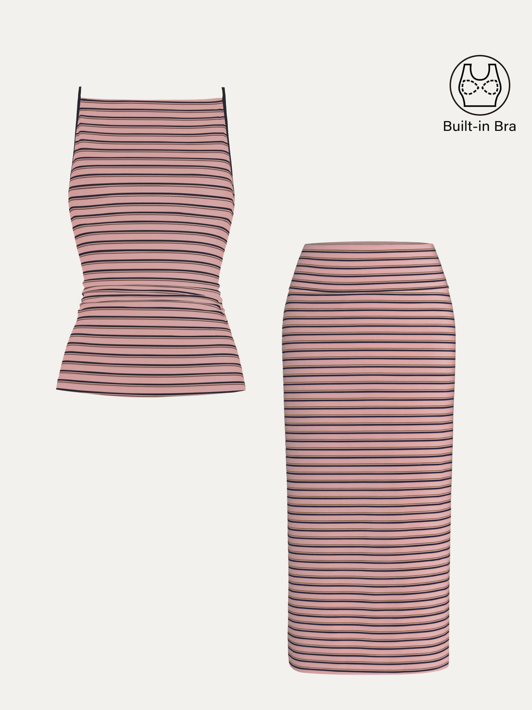 2Pcs Set Striped Spaghetti Brami & Low Rise Striped Midi Skirt Pink/Navy Stripe XS