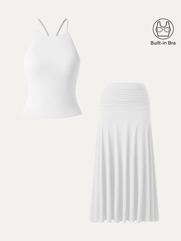 2Pcs Set Tie Back Bandless Bra Tank & Mid Rise A-line Ruched Maxi Skirt
