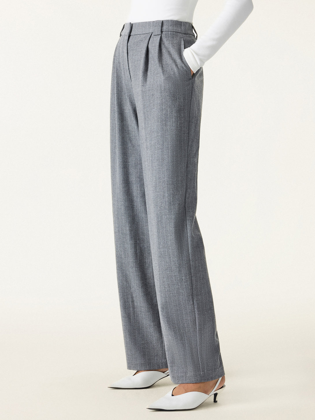 Stretch Striped Mid Rise Wide Leg Trousers with Pockets Battleship Grey Stripe S