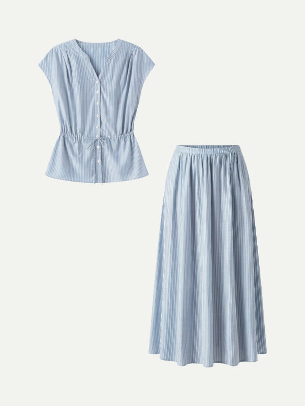 OGLmove 2Pcs Set Drawstring Waist Poplin Shirt & High Rise Midi Skirt with Pockets Sky Blue/White Stripe XS