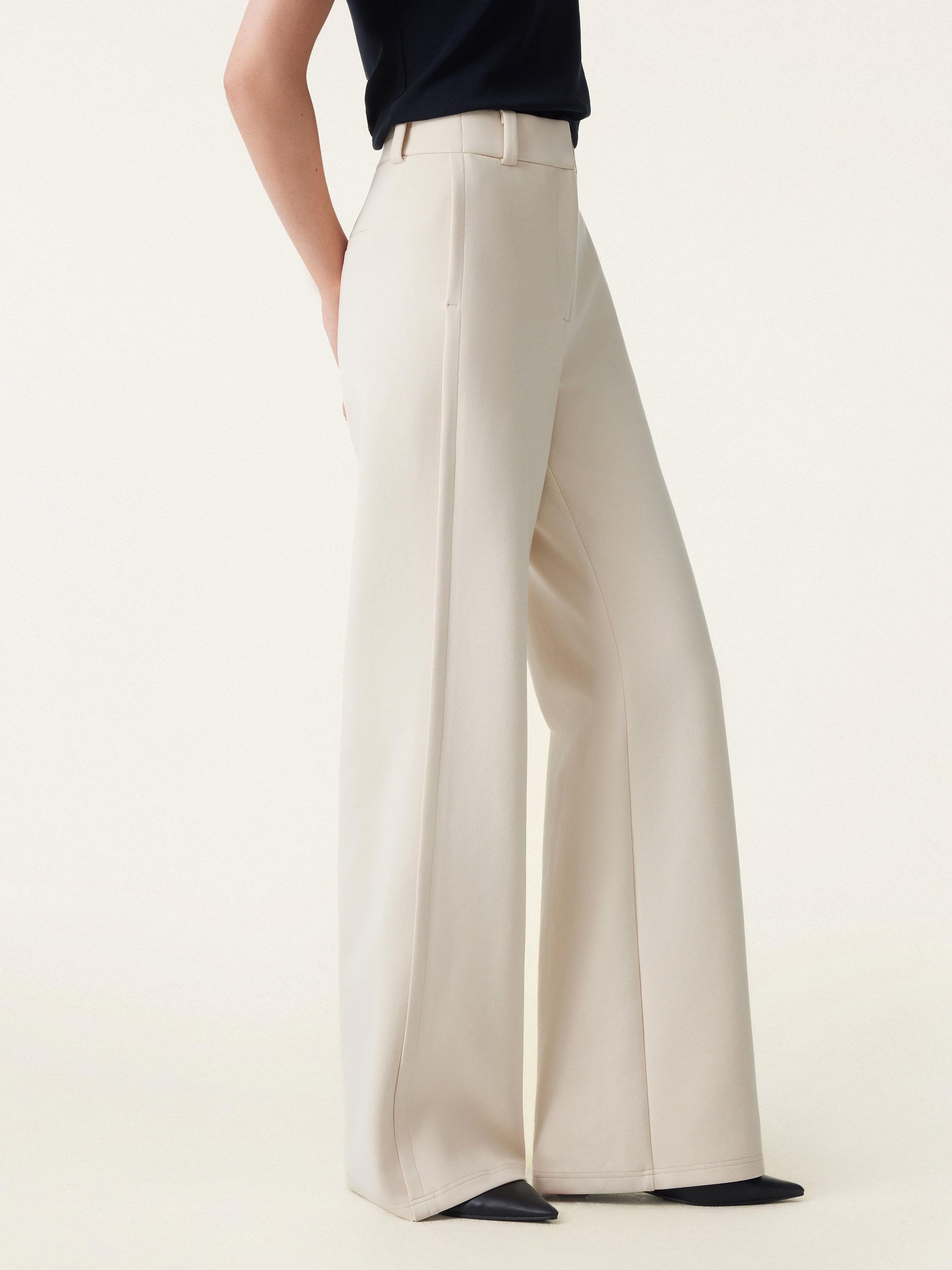 Stretchy Mid Rise Fly Front Wide Leg Trouser