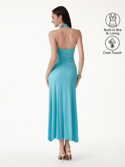 OGLmove CoolTouch Halter A-Line Midi Bra Dress Iced Aqua Blue XS