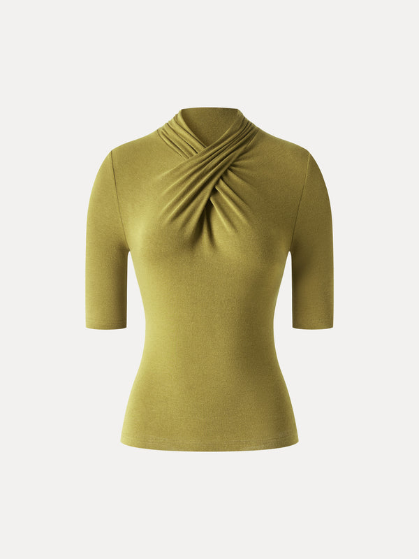 OGLmove LiteWarm Crisscross Mock Neck Elbow Sleeve Ruched Top Ginger Olive XXS