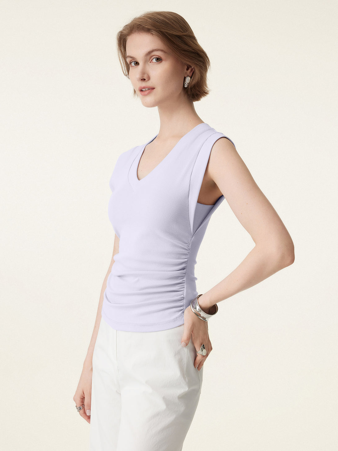 Stretch Cotton V-neck Side Ruched Muscle Brami Top
