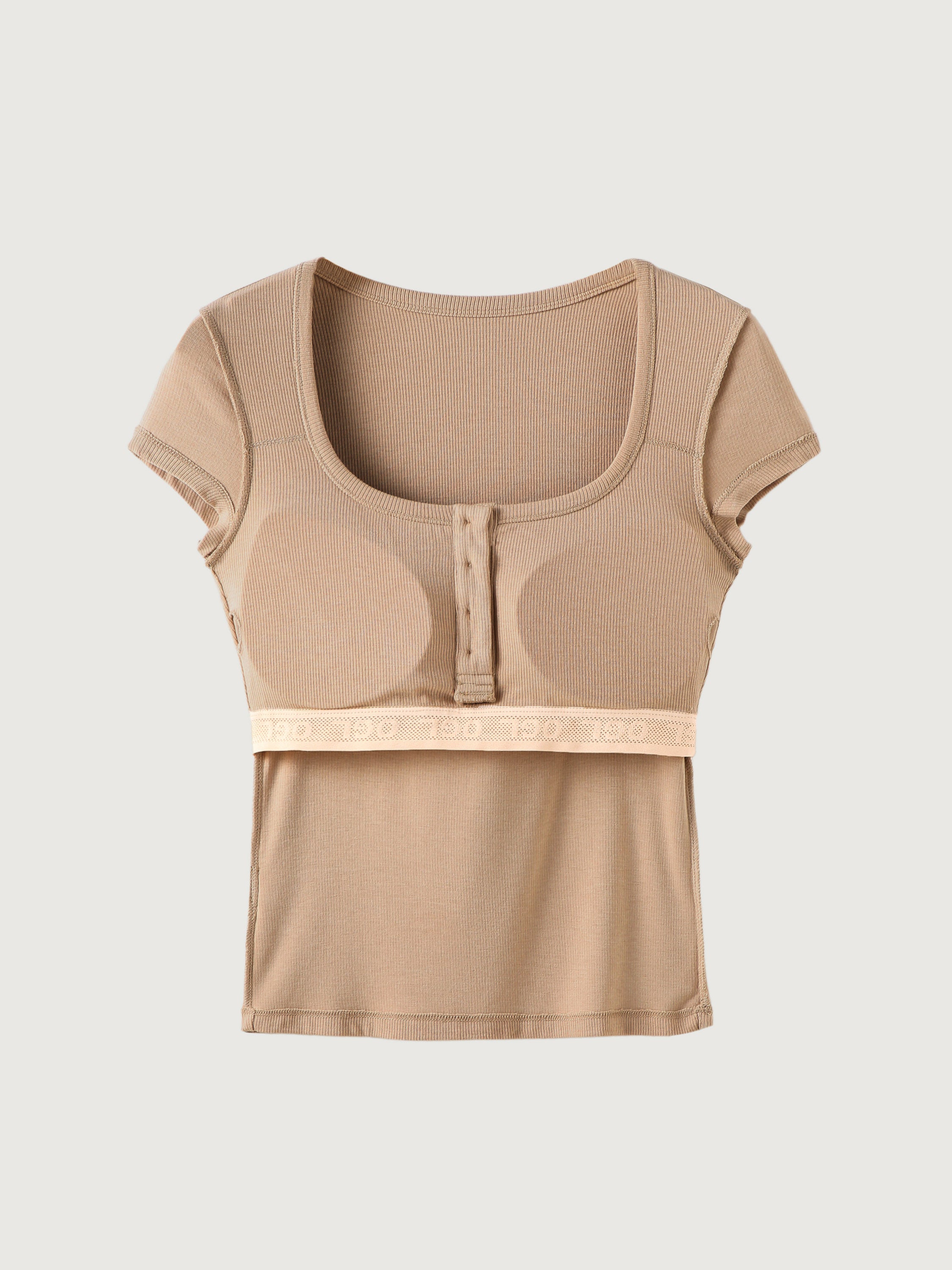 U-Neck Henley Short Sleeve Brami Top - Almond Coffee