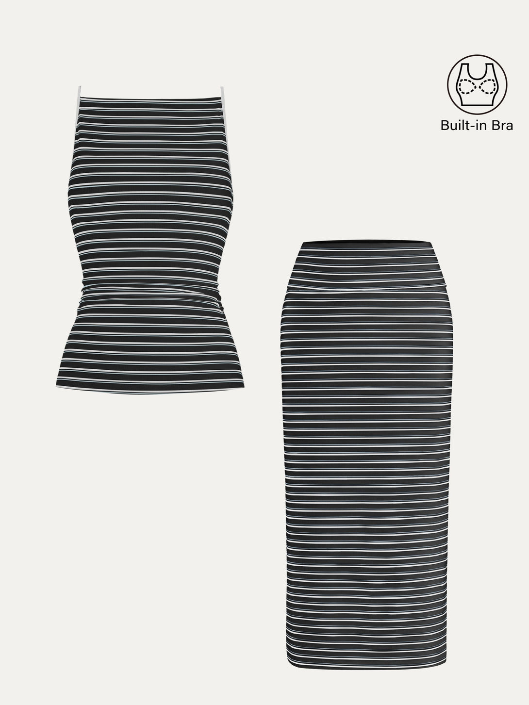 2Pcs Set Striped Spaghetti Brami & Low Rise Striped Midi Skirt Black/White Stripe XS