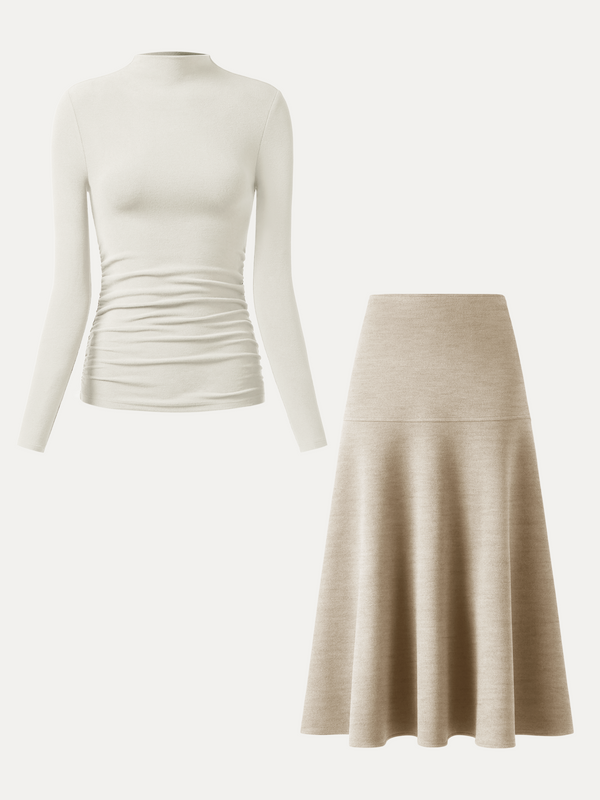 OGLmove 2Pcs Set Ruched Sides Tuckable Mockneck Top & Flared Midi Skirt