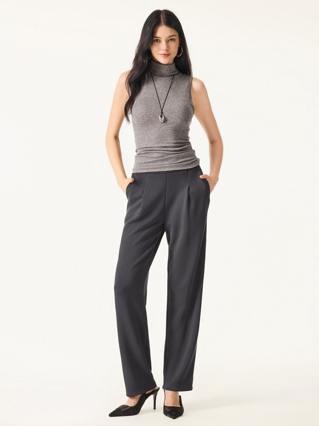 Sandwashed Spacer Mid Rise Straight Leg Pull-on Trousers with Pockets