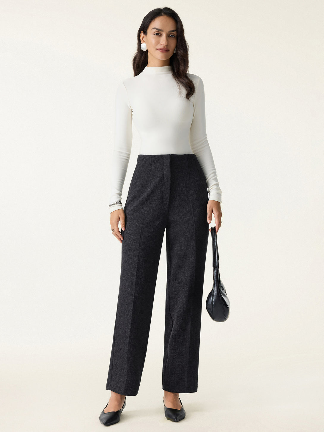 Herringbone High Rise Tapered Leg Trousers with Pockets