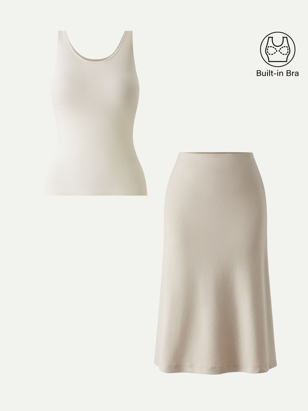 2Pcs Set U-Neck Brami Tank & A-line Midi Skirt with Pockets Ivory/Morning Mist XS