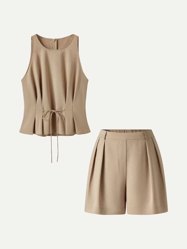 OGLmove 2Pcs Set Pleated Self-Tie Top & Tailored Shorts with Pockets