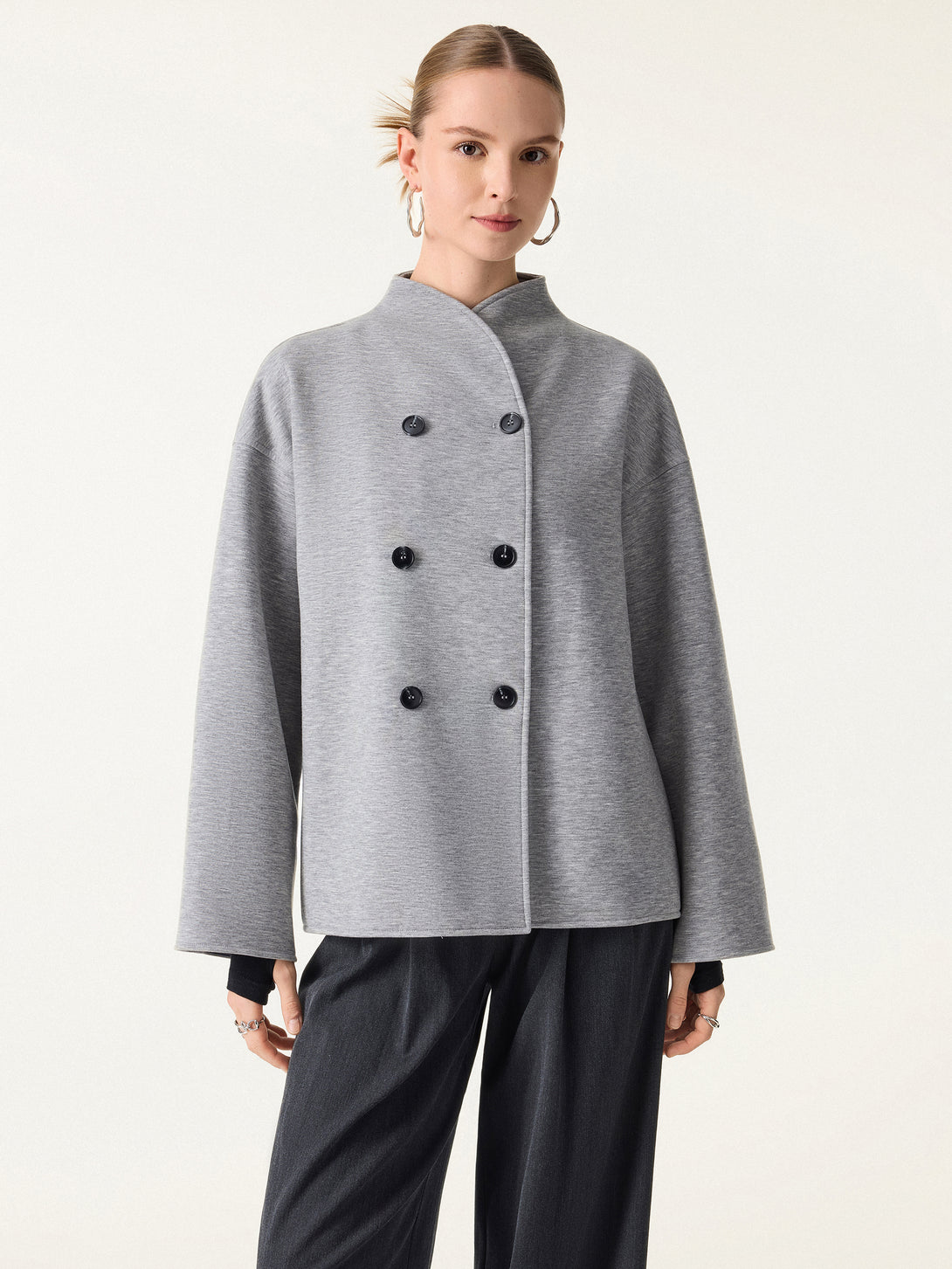 Stand Collar Double-Breasted Knit Jacket with Pockets Heather Grey XS