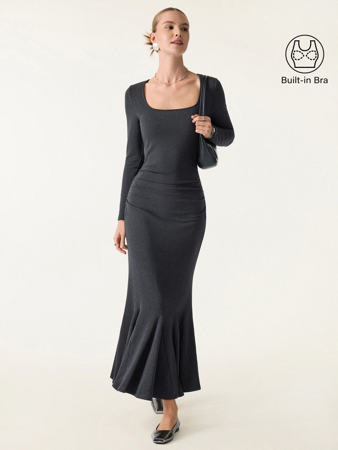 Going-out Square Neck Side Ruched Mermaid Maxi Brami Dress Heather Shadow M