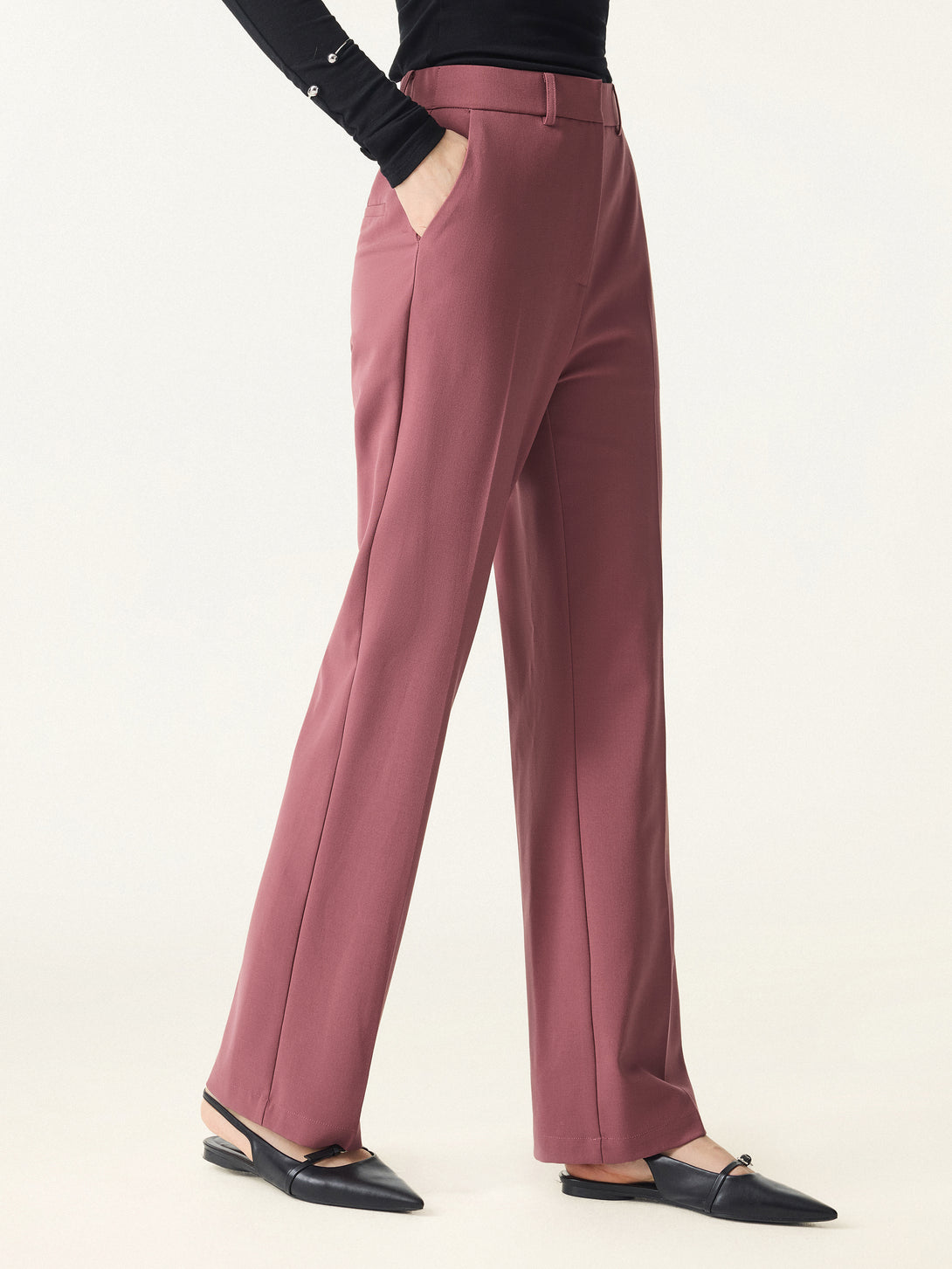 Mid Rise Straight Leg Creased Trousers with Pockets