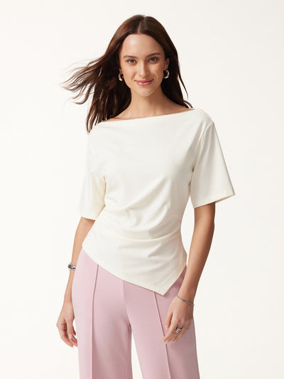 OGLmove Cotton Blend Boatneck Elbow Sleeve Asymmetrical Tucked Top Milk Cream XXS