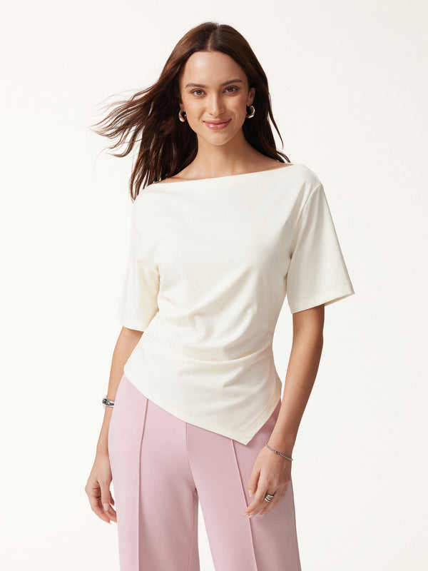 OGLmove Cotton Blend Boatneck Elbow Sleeve Asymmetrical Tucked Top Milk Cream XXS