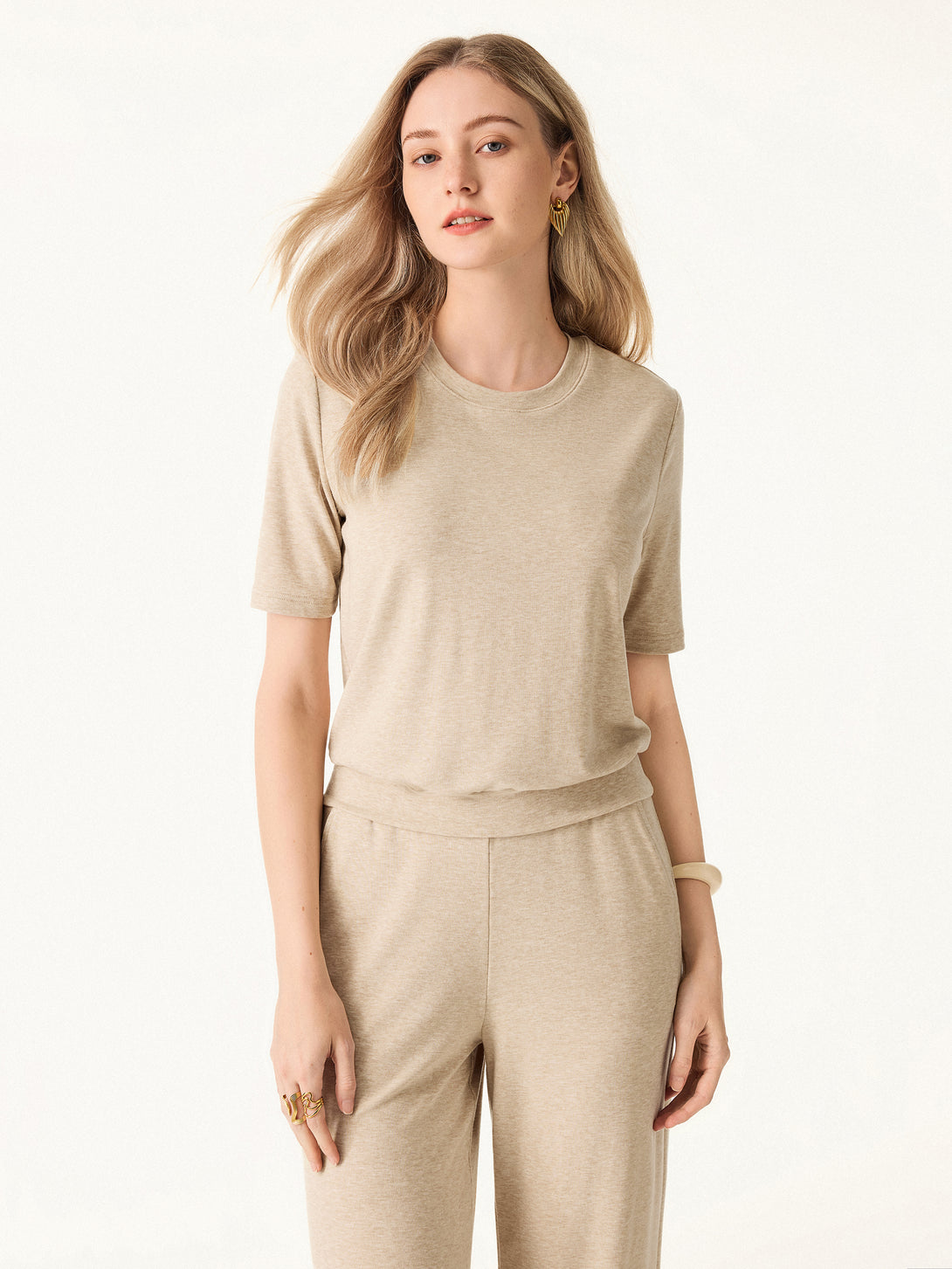 2Pcs Set Petite Mid Rise Wide Leg Pants with Pockets & Crewneck Brami with Banded Hem